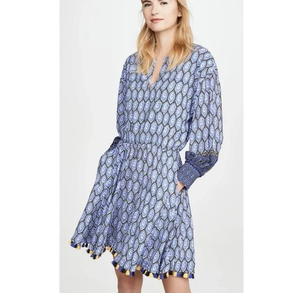 Derek Lam 10 Crosby Cassia Printed Tassel Hem Dress Boho Blue Size 6 - Picture 1 of 13